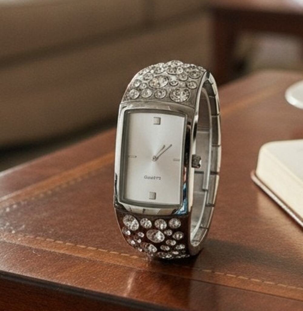 Chico's Women's Silver Tone Rhinestone Cuff Watch Quartz Hinged Bracelet Bangle